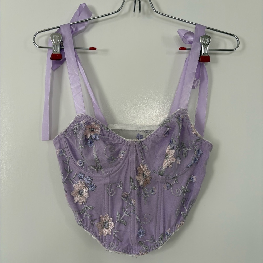 Lavender Floral Corset Ribbon Tie Top Embroidered Lace Fairycore Cottagecore